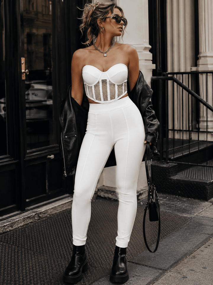 WOMEN'S SLEEVELESS BRALETTE TOP & ZIP UP SKINNY LEG PANTS BANDAGE 2PC. SET