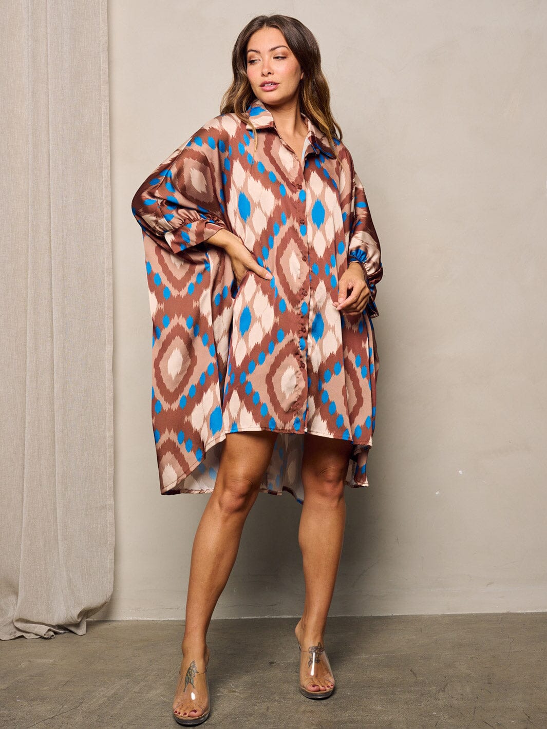 WOMEN'S LONG SLEEVE BUTTON UP PRINTED OVERSIZE TUNIC MINI DRESS
