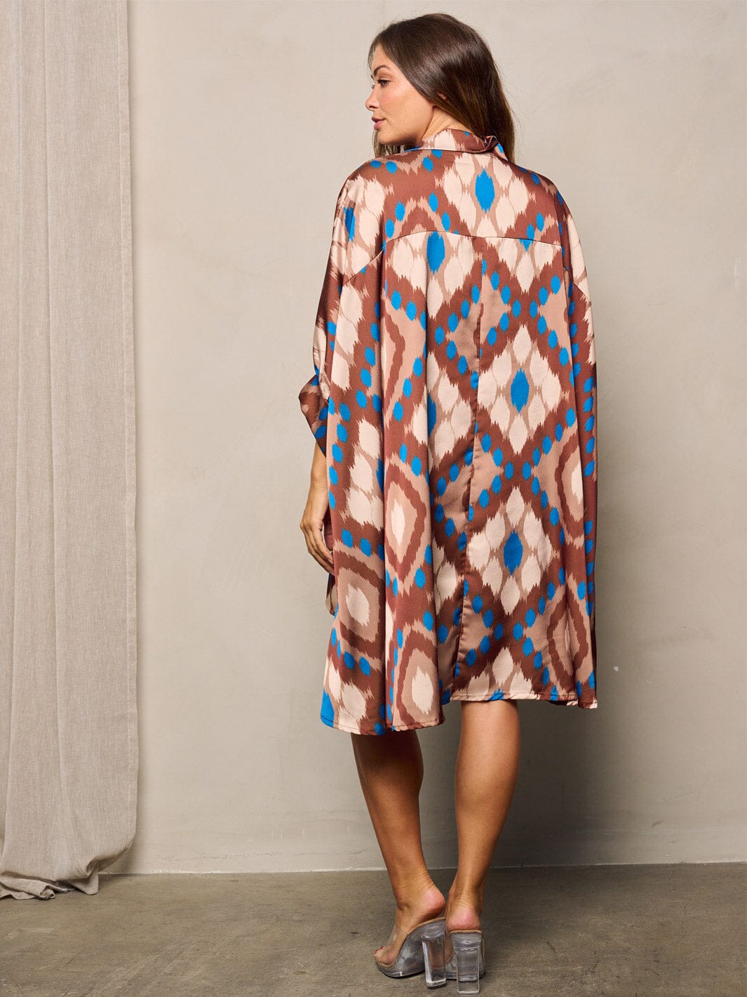 WOMEN'S LONG SLEEVE BUTTON UP PRINTED OVERSIZE TUNIC MINI DRESS