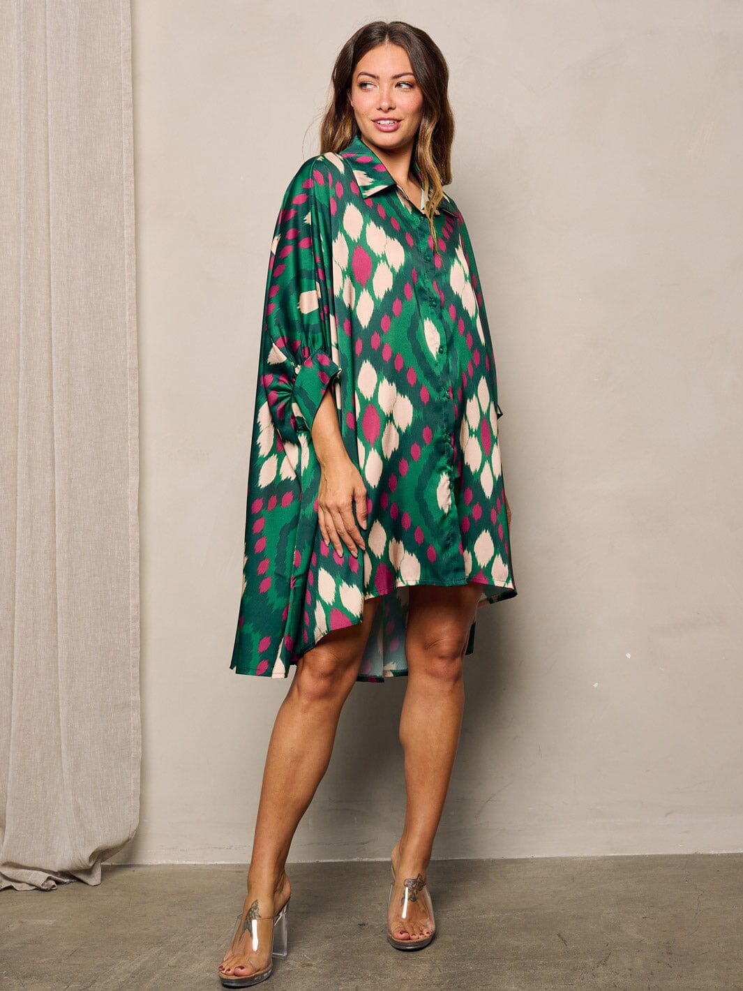 WOMEN'S LONG SLEEVE BUTTON UP PRINTED OVERSIZE TUNIC MINI DRESS