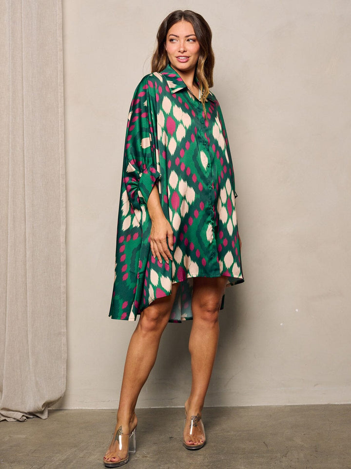 WOMEN'S LONG SLEEVE BUTTON UP PRINTED OVERSIZE TUNIC MINI DRESS