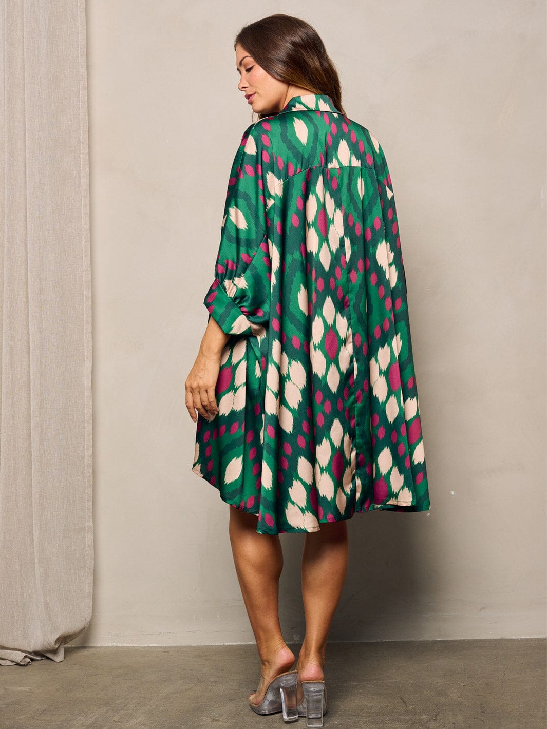 WOMEN'S LONG SLEEVE BUTTON UP PRINTED OVERSIZE TUNIC MINI DRESS