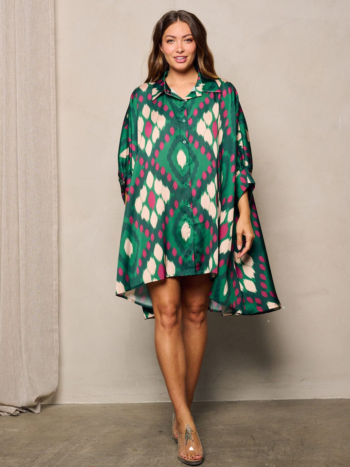 WOMEN'S LONG SLEEVE BUTTON UP PRINTED OVERSIZE TUNIC MINI DRESS