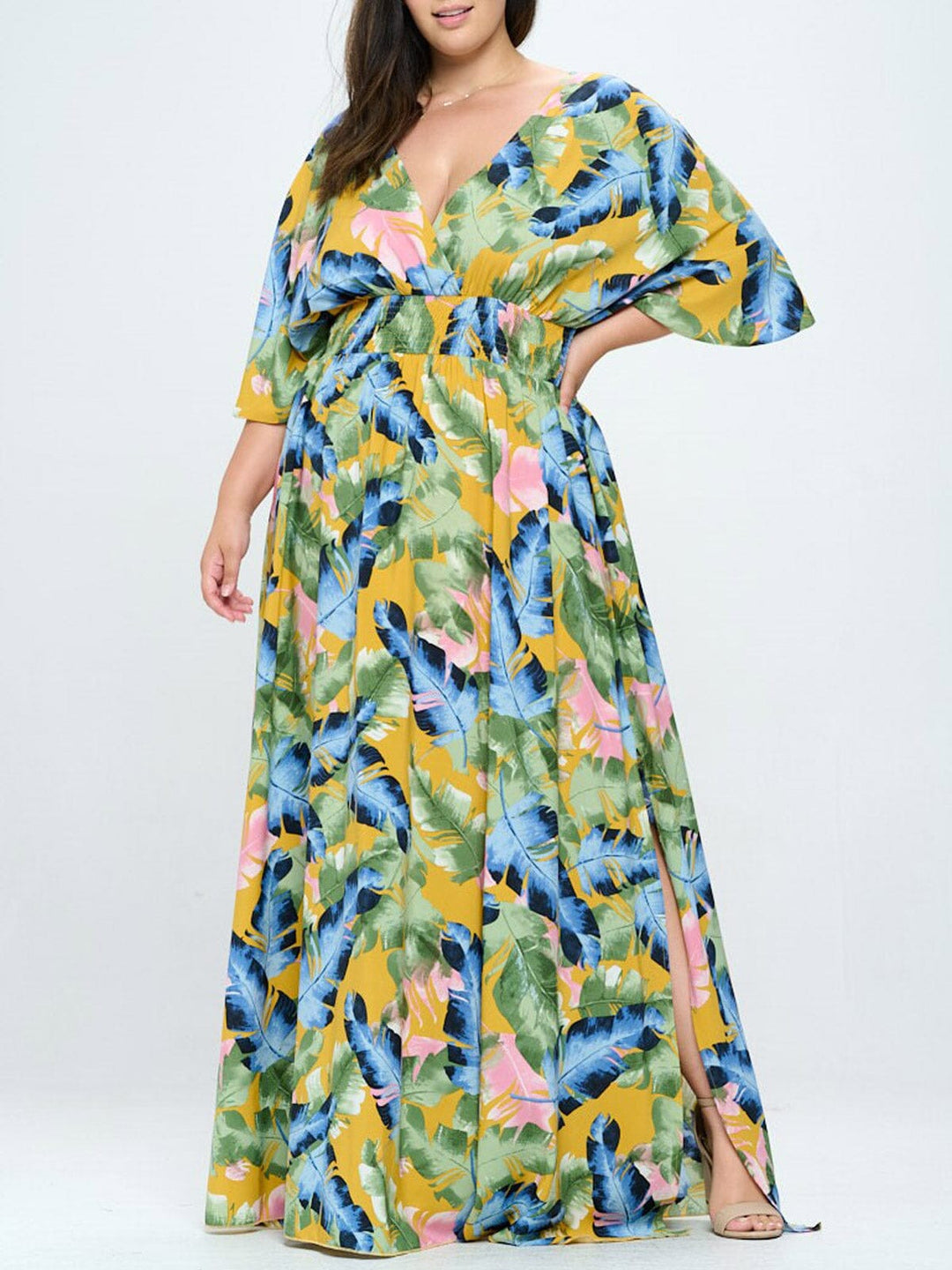 PLUS SIZE SHORT SLEEVE V-NECK SURPLICE SMOCK WAIST MAXI DRESS