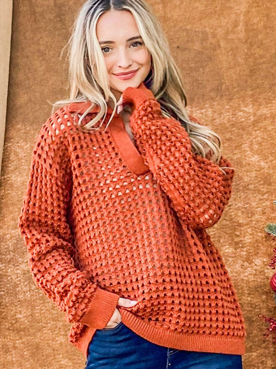 WOMEN'S LONG SLEEVE V-NECK LOOSE FIT KNIT TOP