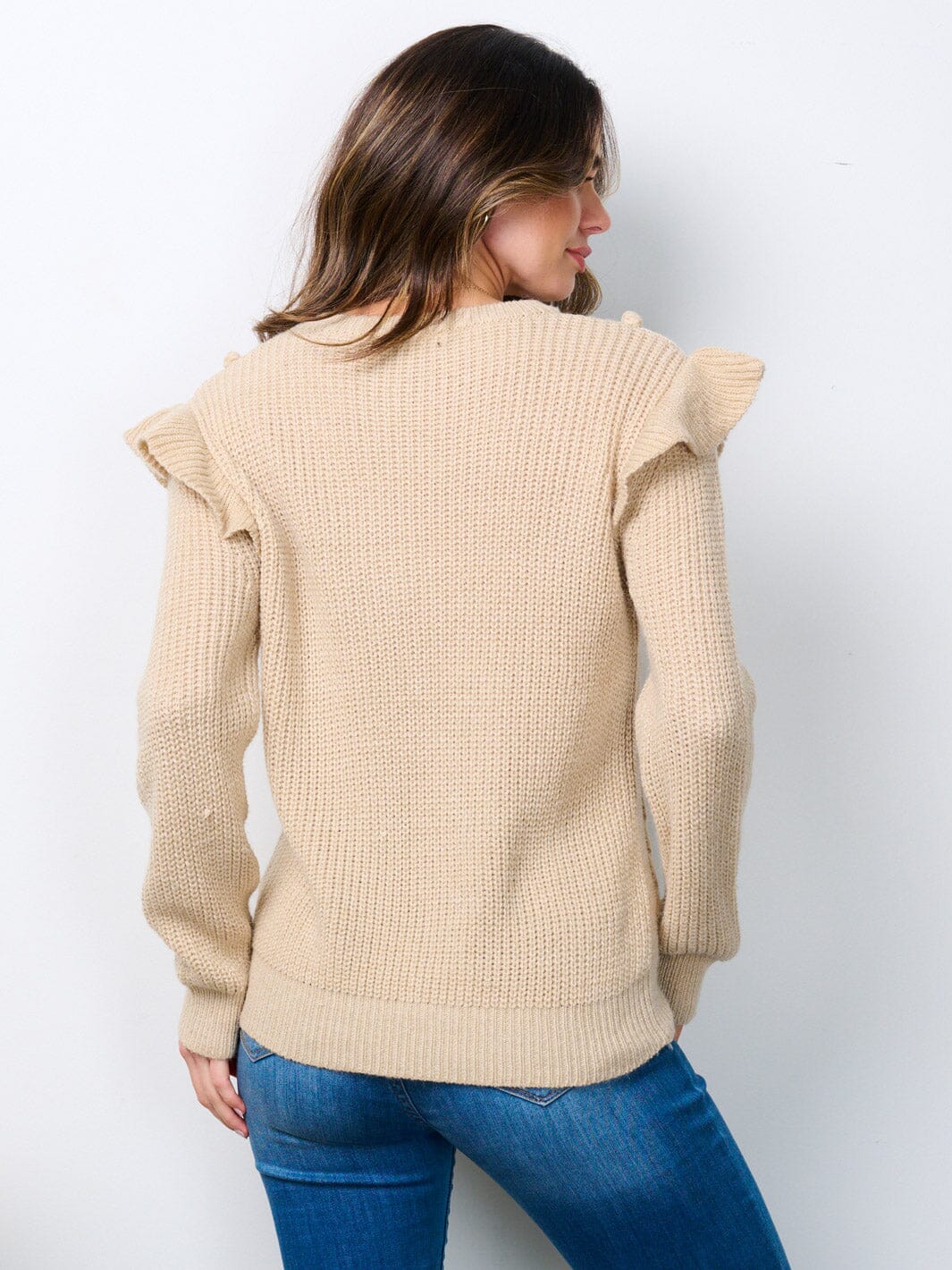 WOMEN'S LONG SLEEVE RUFFLE DETAILED SWEATER