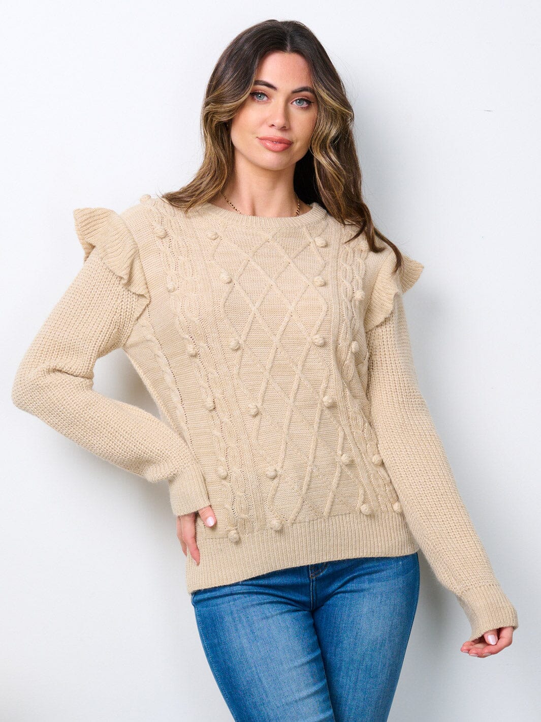 WOMEN'S LONG SLEEVE RUFFLE DETAILED SWEATER