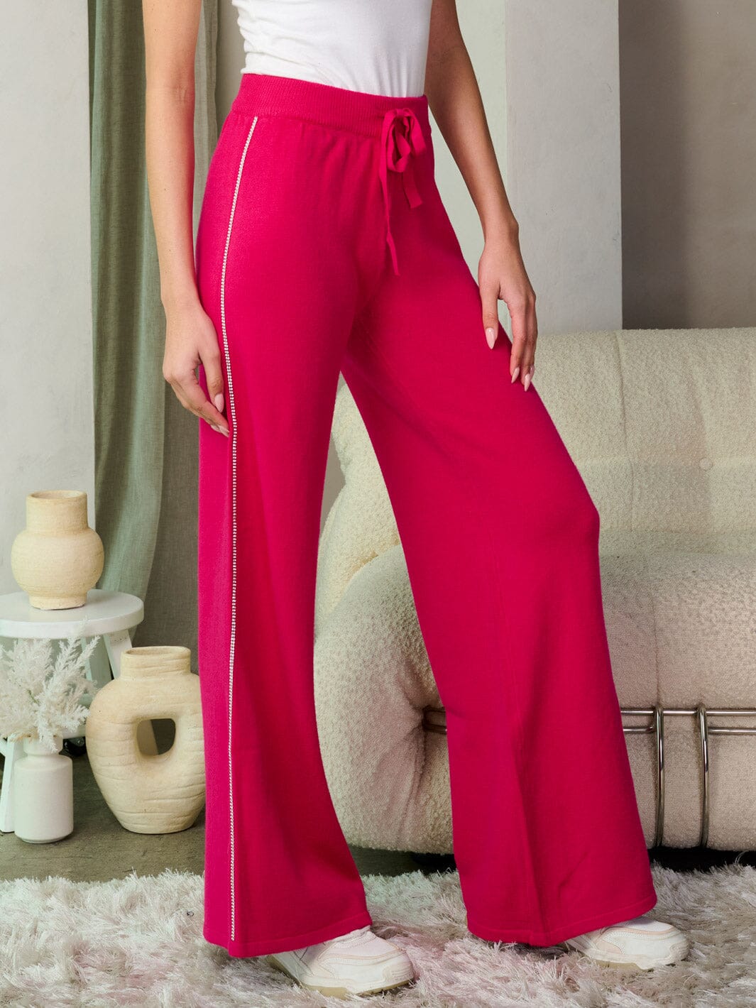WOMEN'S ELASTIC WAIST SELF TIE SIDE STUDS DETAILED WIDE LEG PANTS