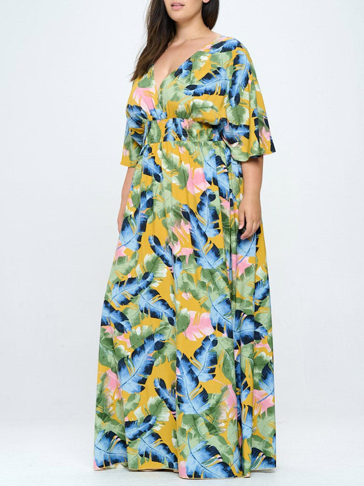 PLUS SIZE SHORT SLEEVE V-NECK SURPLICE SMOCK WAIST MAXI DRESS