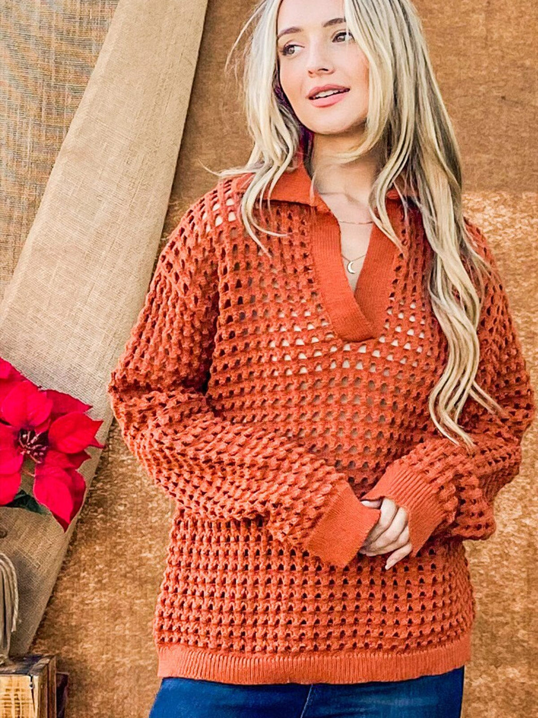 WOMEN'S LONG SLEEVE V-NECK LOOSE FIT KNIT TOP