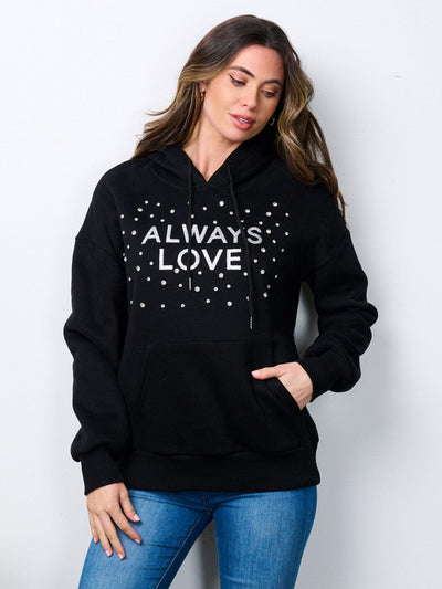 WOMEN'S LONG SLEEVE FRONT POCKET STUDS GRAPHIC HOODIE SWEATER