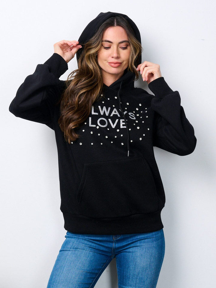WOMEN'S LONG SLEEVE FRONT POCKET STUDS GRAPHIC HOODIE SWEATER