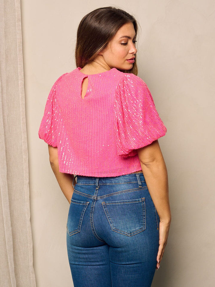 WOMEN'S SHORT PUFF SLEEVE SEQUINS CROP TOP
