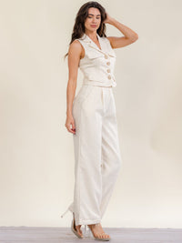 WOMEN'S SLEEVELESS BUTTON UP BLOUSE & BUTTON CLOSURE POCKETS WIDE LEG PANTS 2PC. SET