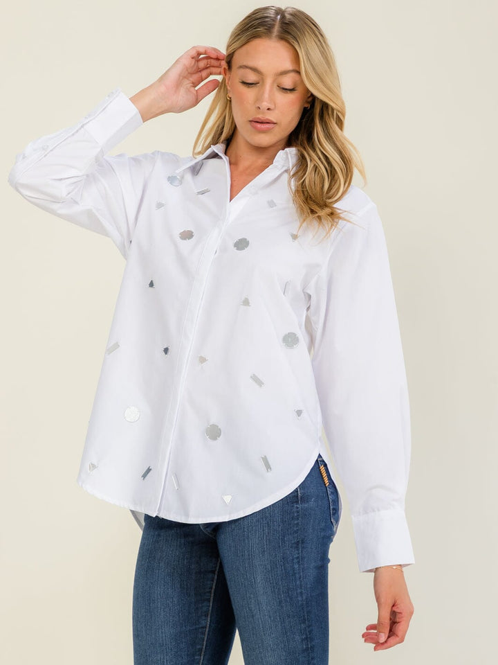 WOMEN'S LONG SLEEVE BUTTON UP DETAILED SHIRT