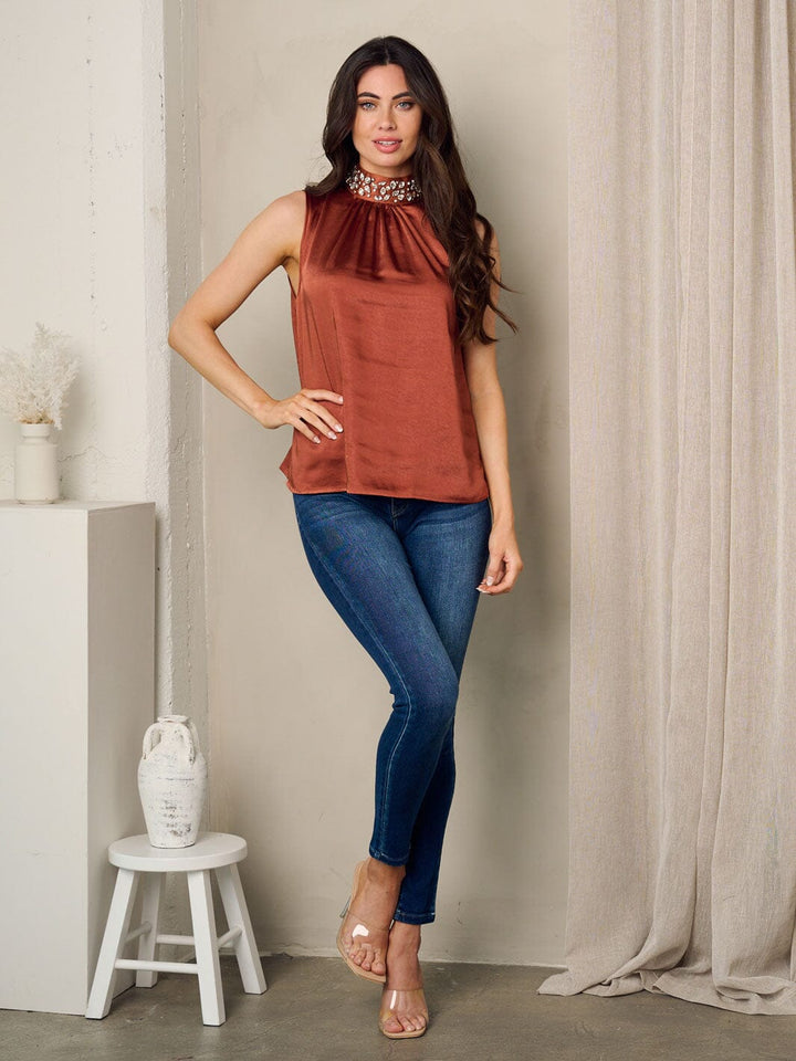 WOMEN'S SLEEVELESS STUDS DETAILED MOCK NECK SATIN TANK TOP