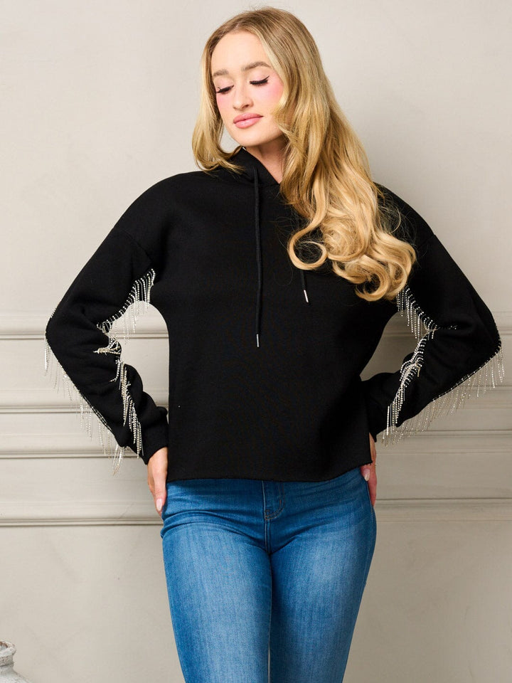WOMEN'S LONG SLEEVE FRINGE STUDS DETAILED HOODED PULLOVER SWEATER