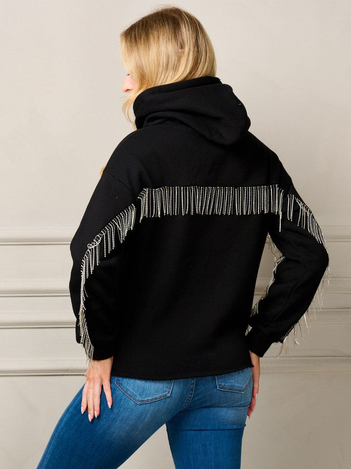 WOMEN'S LONG SLEEVE FRINGE STUDS DETAILED HOODED PULLOVER SWEATER