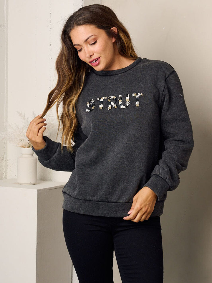 WOMEN'S LONG SLEEVE GRAPHIC STUDS DETAILED KNIT SWEATER