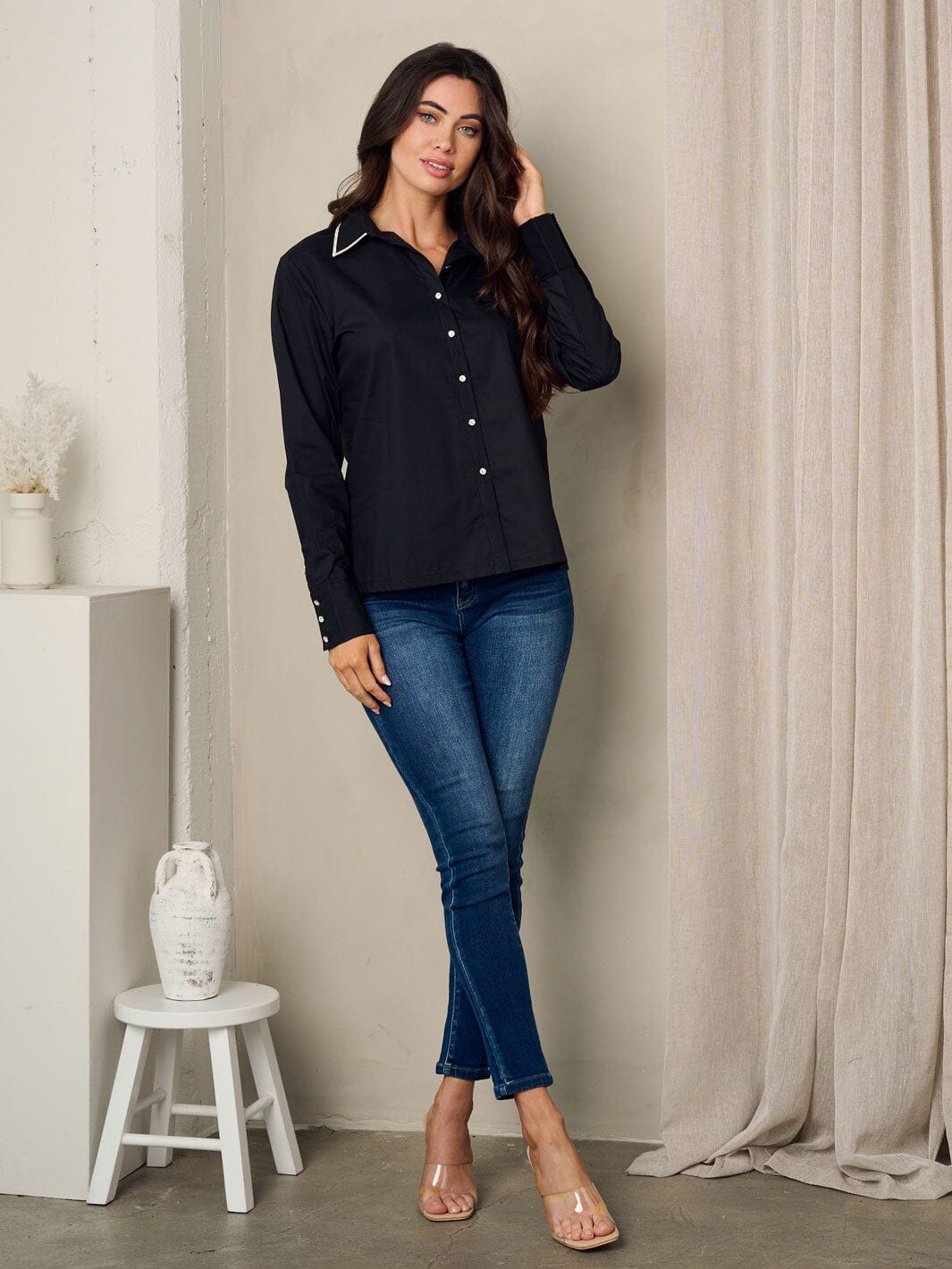 WOMEN'S LONG SLEEVE BUTTON UP SEQUINS TRIM TOP