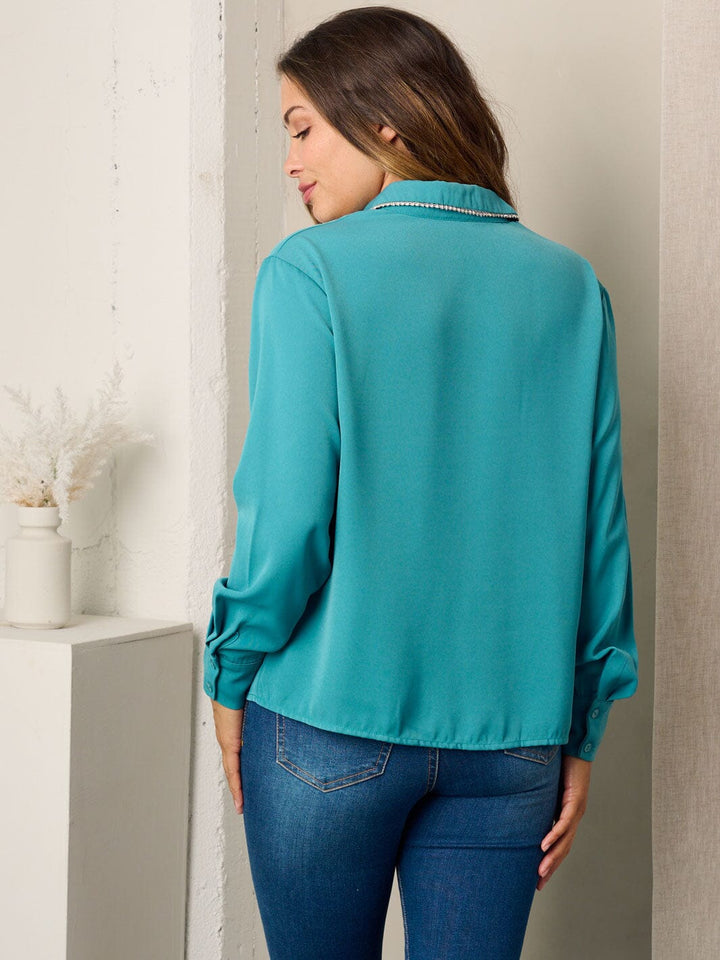 WOMEN'S LONG SLEEVE BUTTON UP TRIM DETAILED BLOUSE TOP