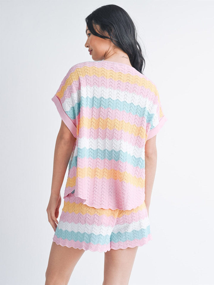 WOMEN'S SHORT SLEEVE TOP & ELASTIC WAIST SHORTS COLORBLOCK KNIT 2PC SET