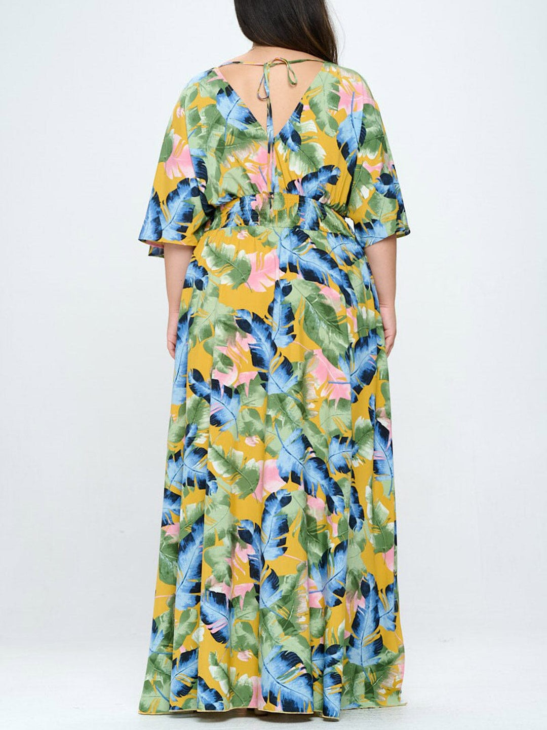 PLUS SIZE SHORT SLEEVE V-NECK SURPLICE SMOCK WAIST MAXI DRESS
