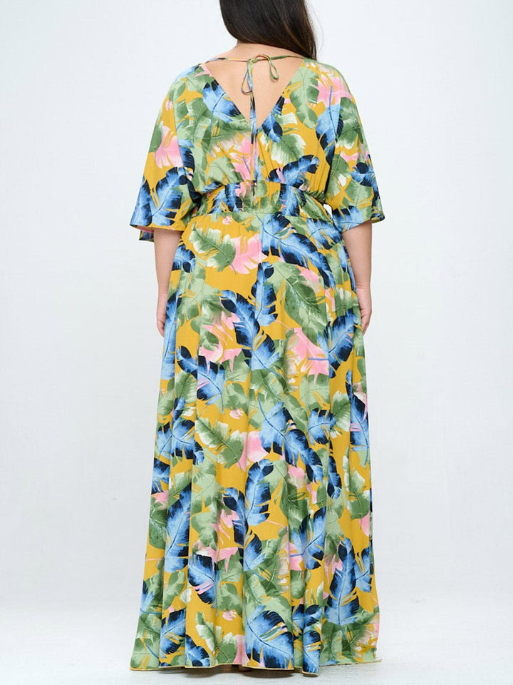 PLUS SIZE SHORT SLEEVE V-NECK SURPLICE SMOCK WAIST MAXI DRESS