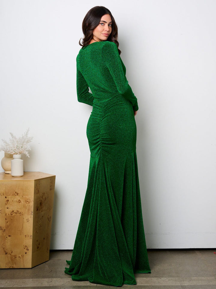 WOMEN'S LONG SLEEVE SURPLICE HIGH-LOW SHIMMER MAXI GOWN DRESS