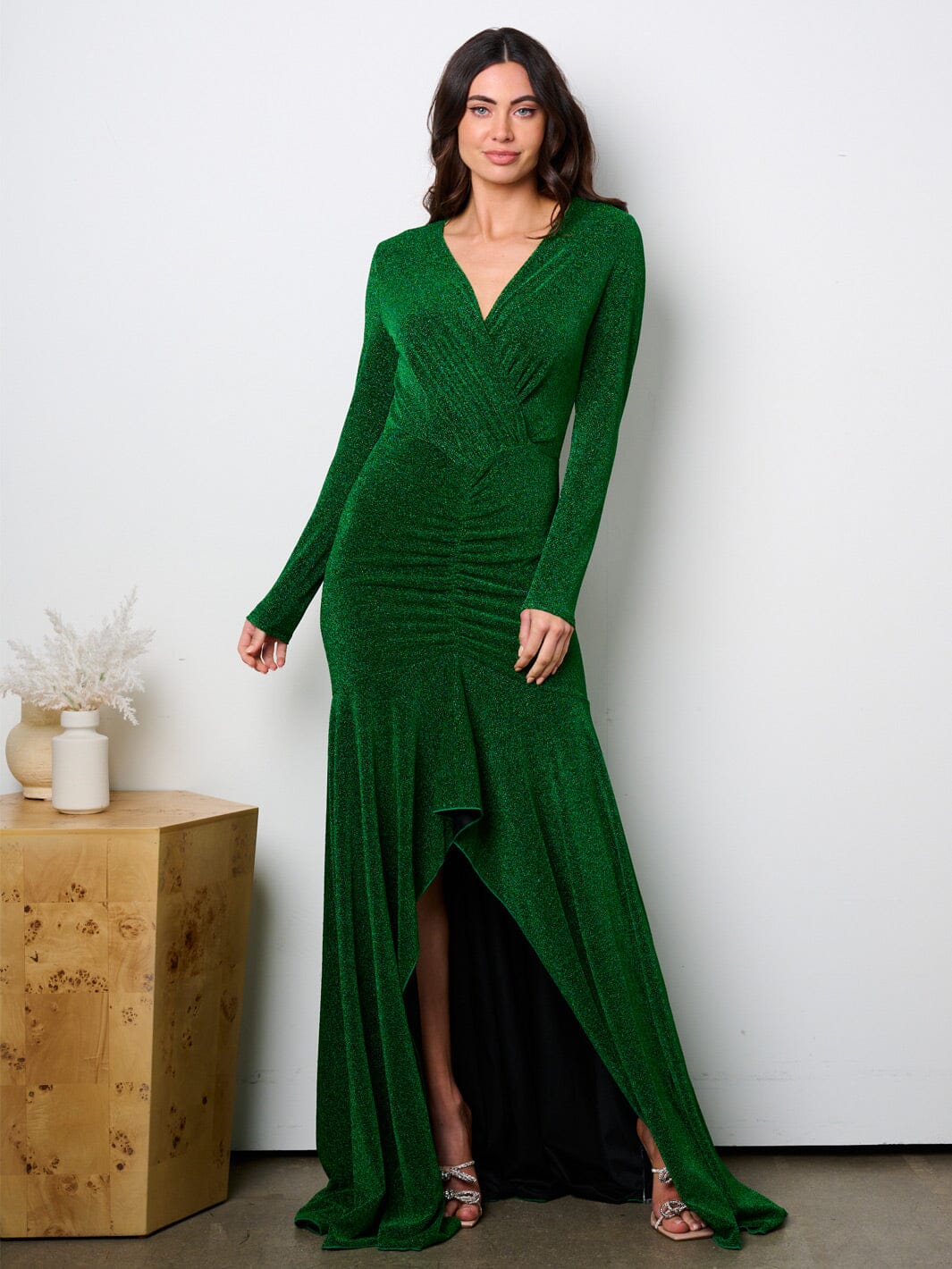 WOMEN'S LONG SLEEVE SURPLICE HIGH-LOW SHIMMER MAXI GOWN DRESS