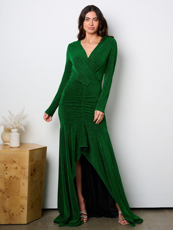 WOMEN'S LONG SLEEVE SURPLICE HIGH-LOW SHIMMER MAXI GOWN DRESS