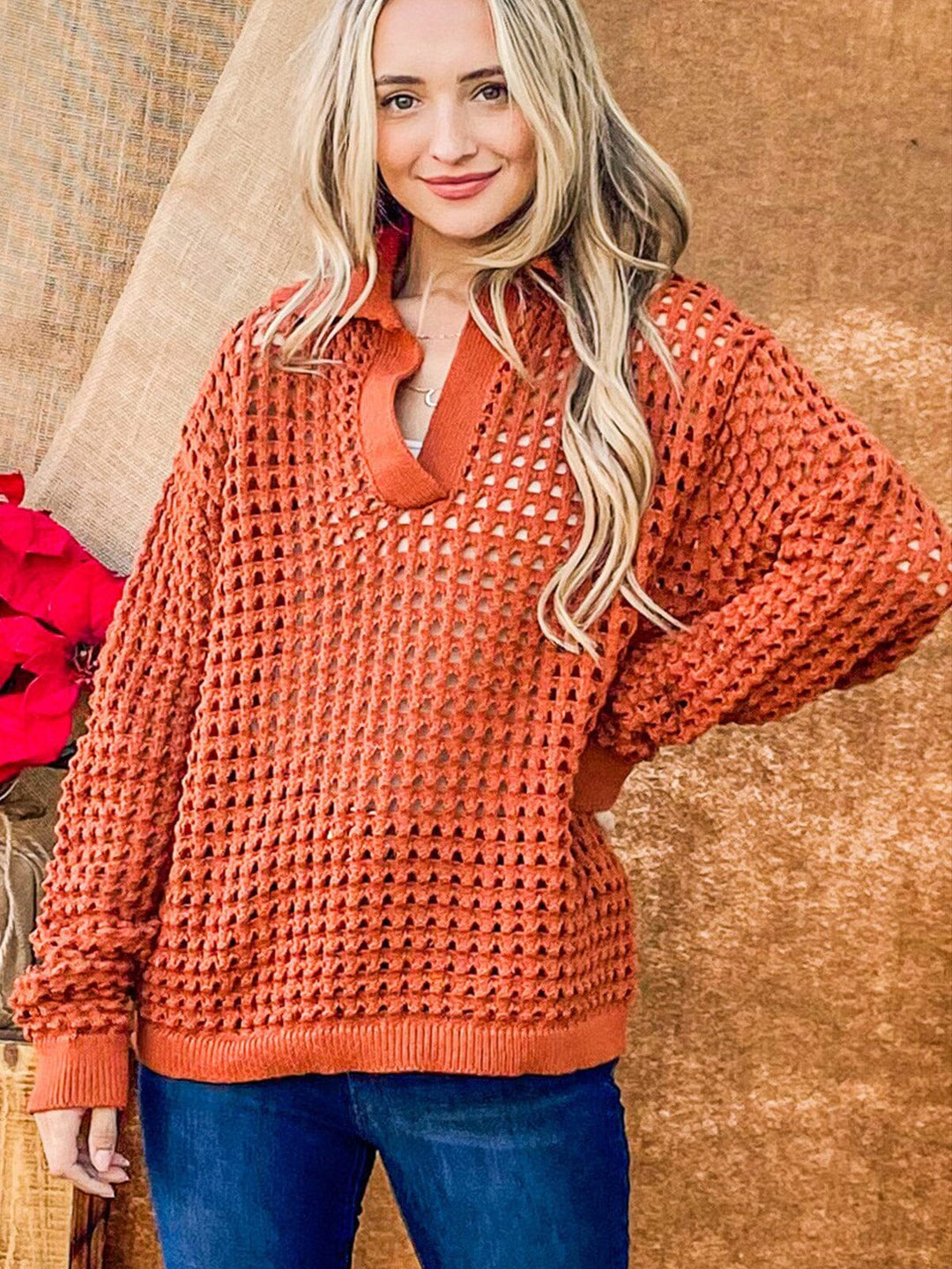 WOMEN'S LONG SLEEVE V-NECK LOOSE FIT KNIT TOP