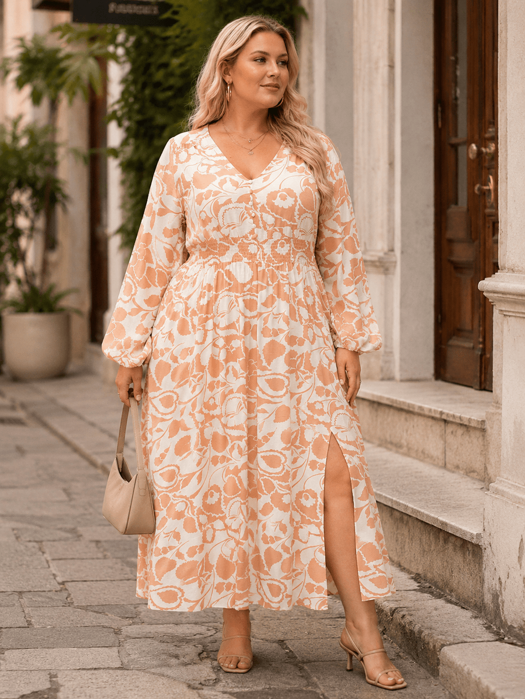PLUS SIZE LONG SLEEVE V-NECK ELASTIC WAIST FLORAL PRINT MAXI DRESS