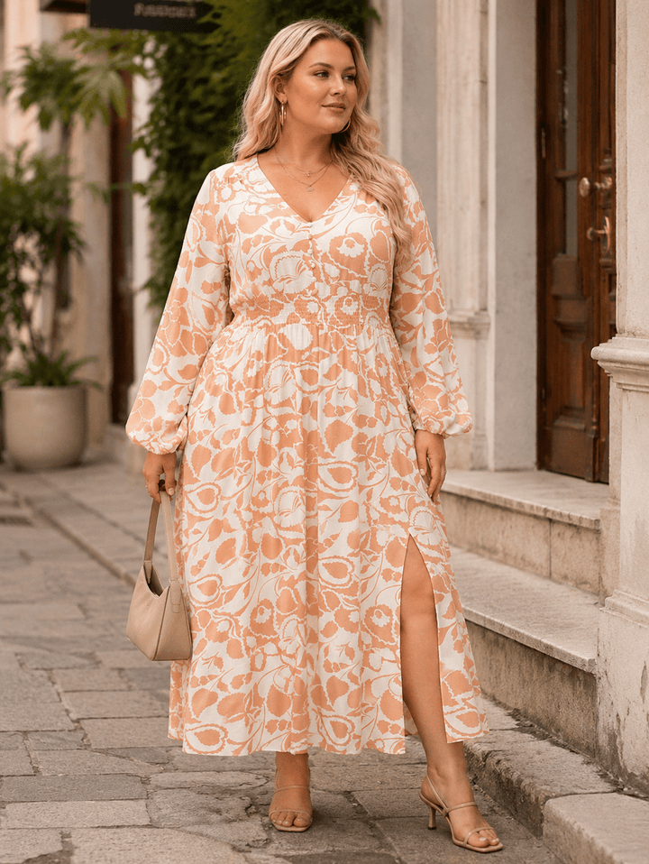 PLUS SIZE LONG SLEEVE V-NECK ELASTIC WAIST FLORAL PRINT MAXI DRESS