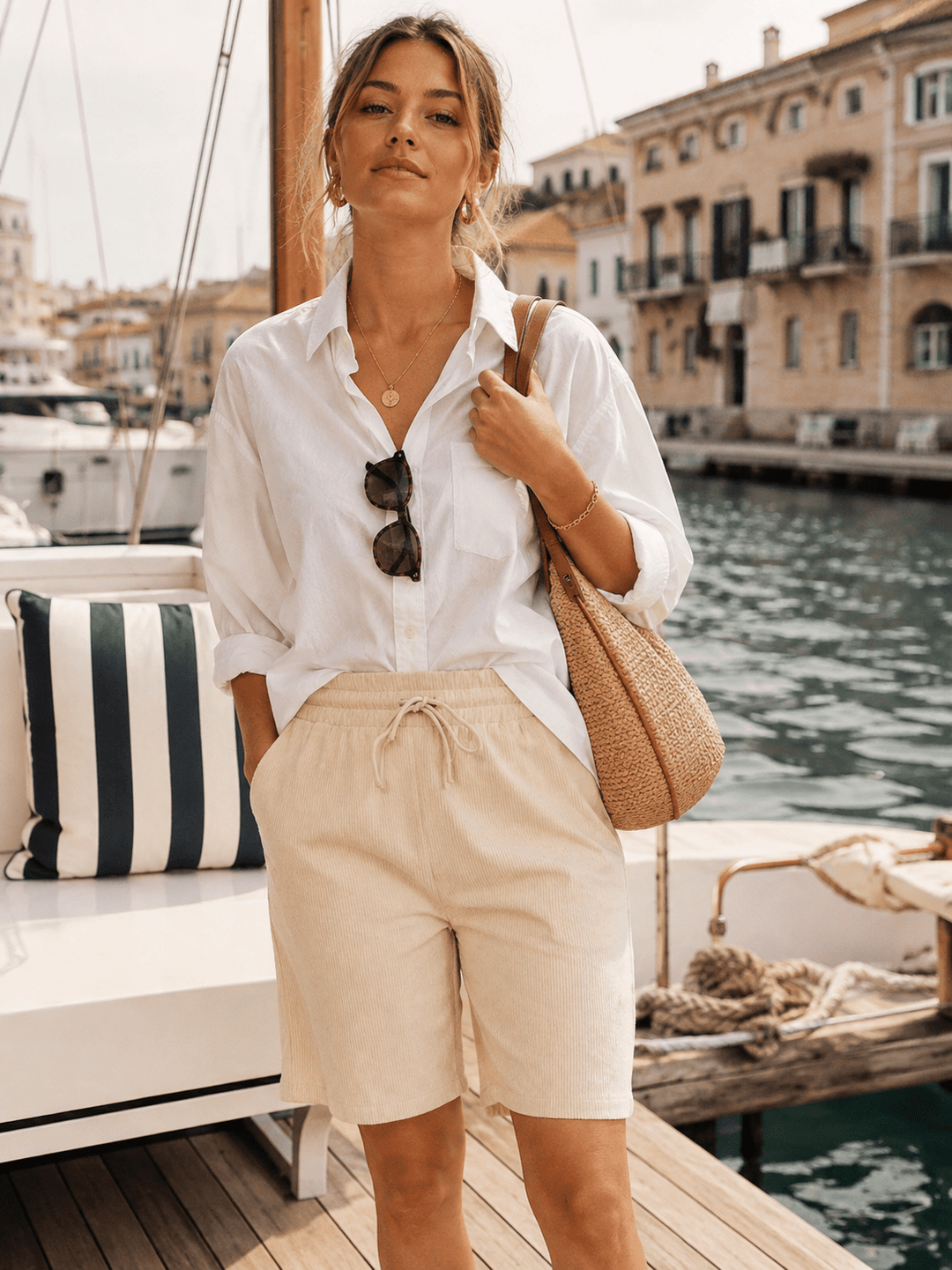 WOMEN'S ELASTIC WAIST POCKETS SELF TIE RIBBED MINI SHORTS