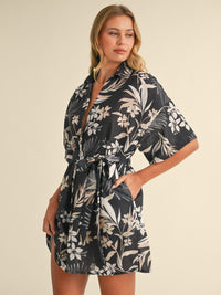 WOMEN'S SHORT SLEEVE BUTTON UP BELTED FRONT POCKETS FLORAL MINI DRESS