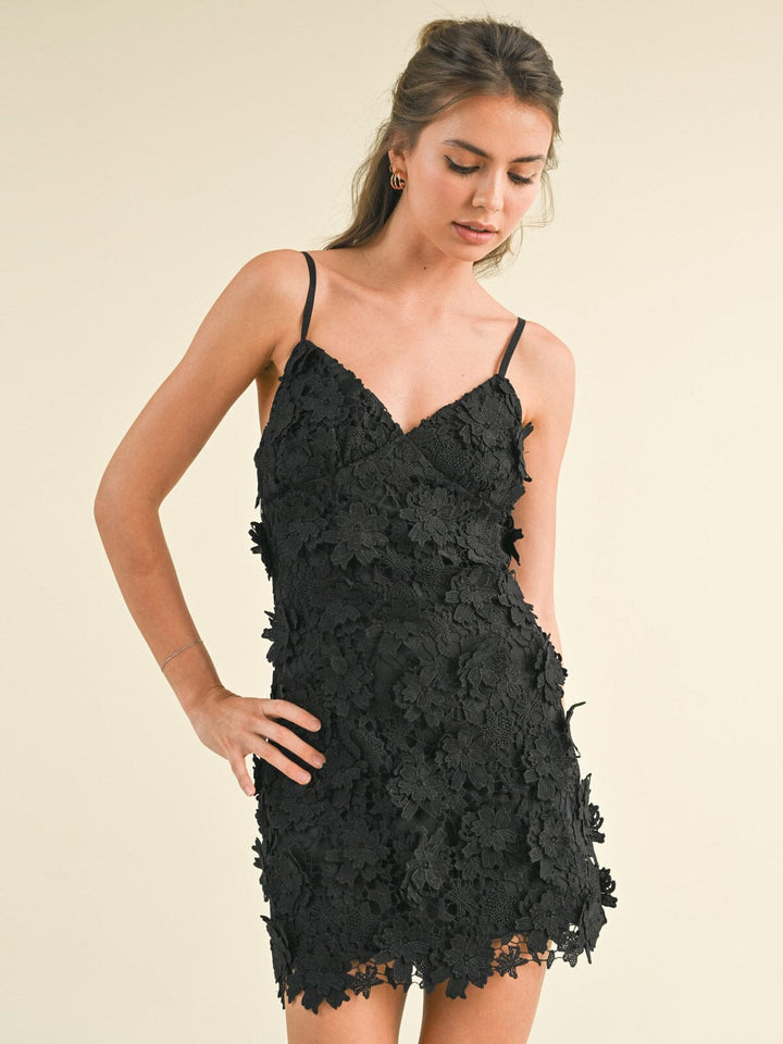 WOMEN'S SLEEVELESS FLOCKED CROCHET LAVE V-NECK MINI DRESS