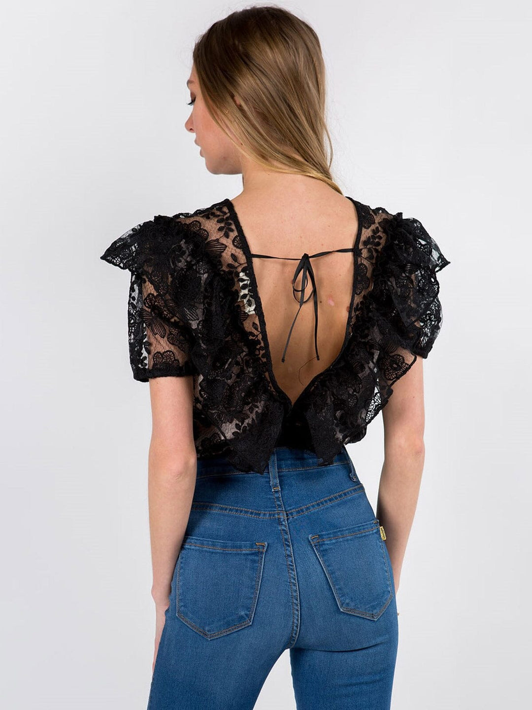 WOMENS SHORT SLEEVE RUFFLE V-NECK LACE BODYSUIT