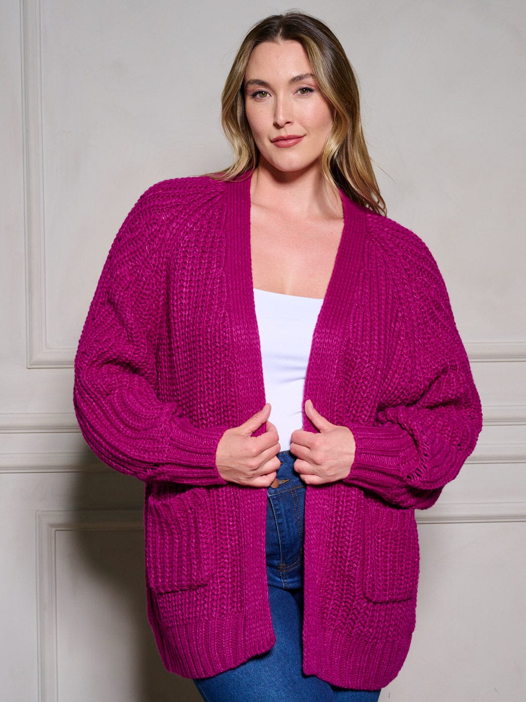 PLUS SIZE LONG SLEEVE POCKETS OPEN FRONT KNIT CARDIGAN