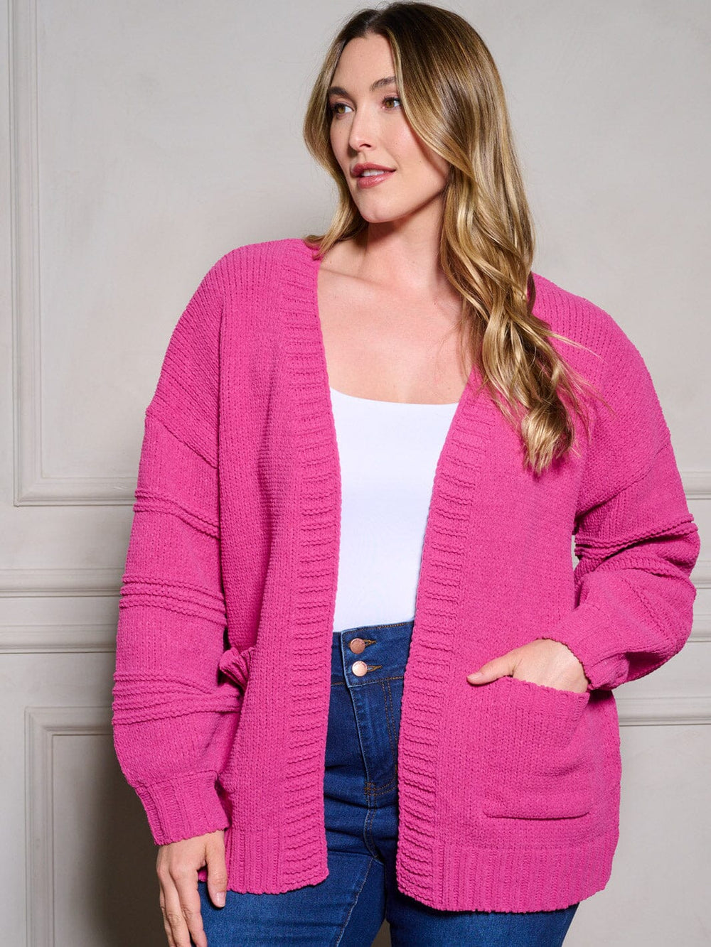 PLUS SIZE LONG SLEEVE POCKETS OPEN FRONT KNIT CARDIGAN