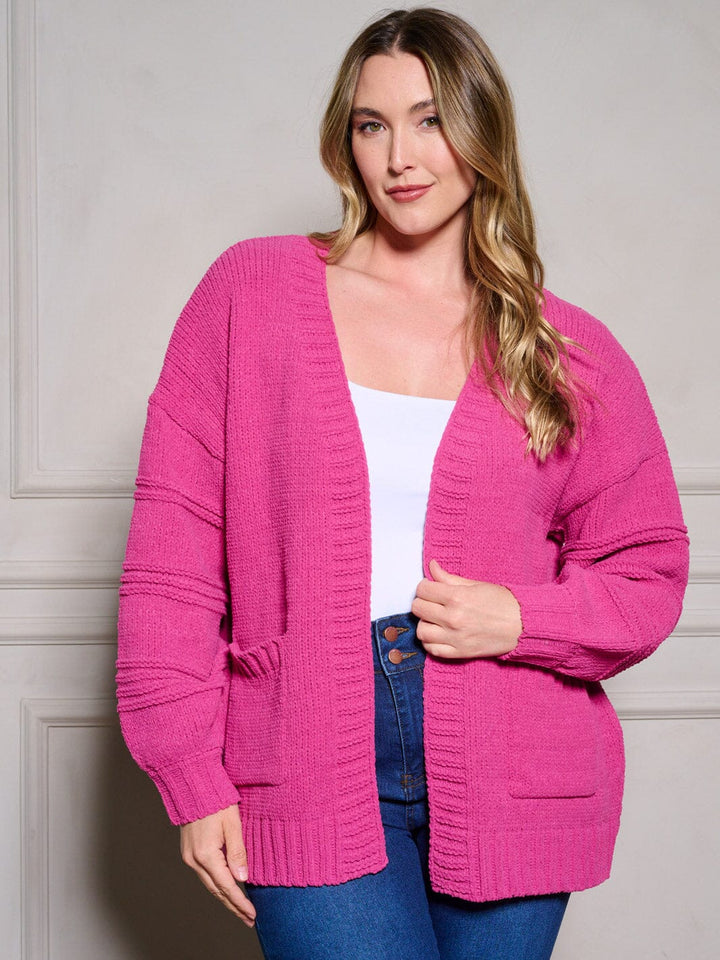PLUS SIZE LONG SLEEVE POCKETS OPEN FRONT KNIT CARDIGAN