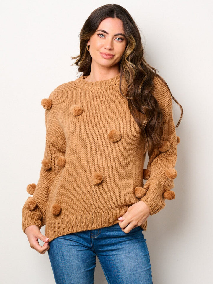 WOMEN'S LONG SLEEVE POM POM'S DETAILED PULLOVER SWEATER