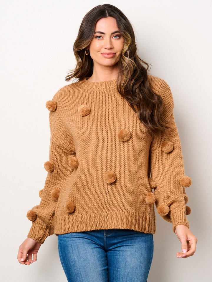 WOMEN'S LONG SLEEVE POM POM'S DETAILED PULLOVER SWEATER