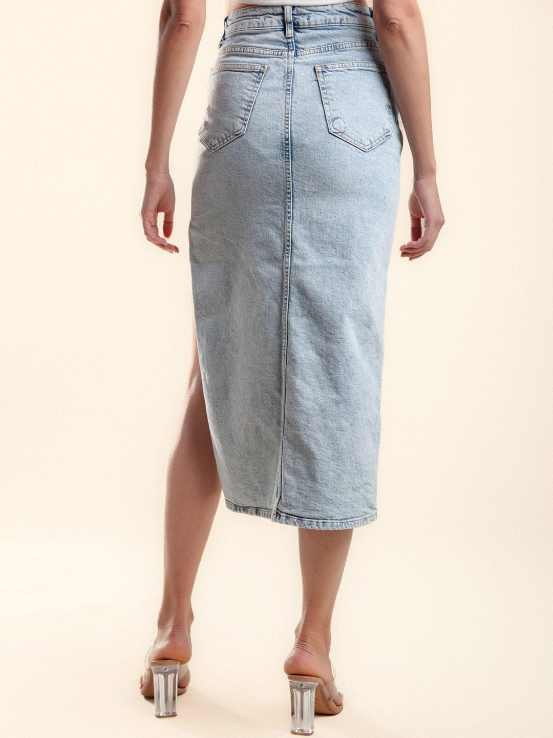 WOMEN'S BUTTON CLOSURE STUDS DETAILED DENIM MIDI SKIRT