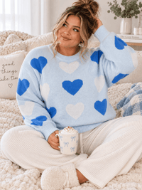 PLUS SIZE LONG SLEEVE HEARTS PRINT PULLOVER COLORBLOCK SWEATER