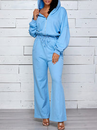 WOMEN'S LONG SLEEVE ZIP UP HOODED WIDE LEG JUMPSUIT