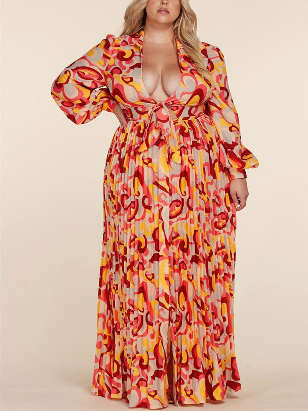 PLUS SIZE LONG SLEEVE FRONT TIE MULTI PRINT MAXI DRESS