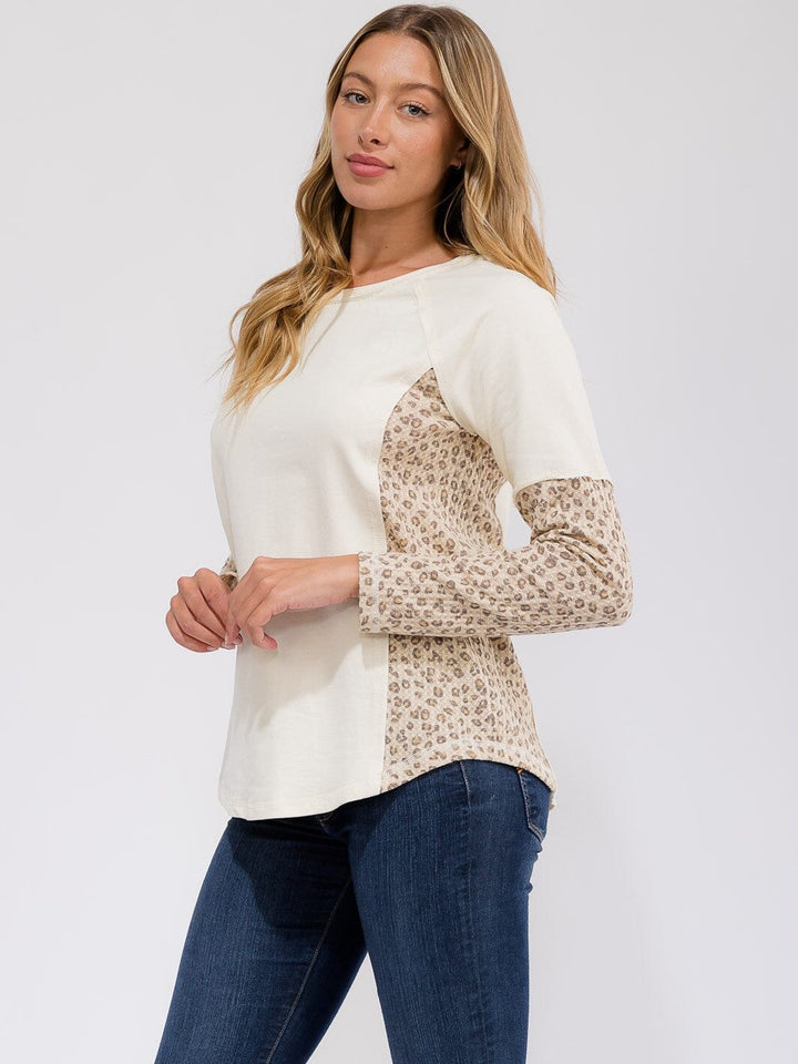 WOMEN'S LONG SLEEVE ANIMAL PRINT CONTRAST TOP