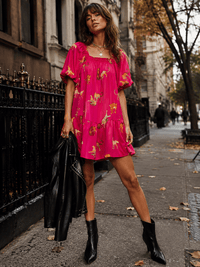 ENTRO WOMEN'S SHORT PUFF SLEEVE FRONT POCKETS ANIMAL PRINT MINI DRESS