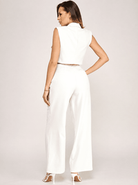 WOMEN'S SLEEVELESS BUTTON CLOSURE BLOUSE & BUTTON CLOSURE POCKETS WIDE LEG PANTS 2PC. SET